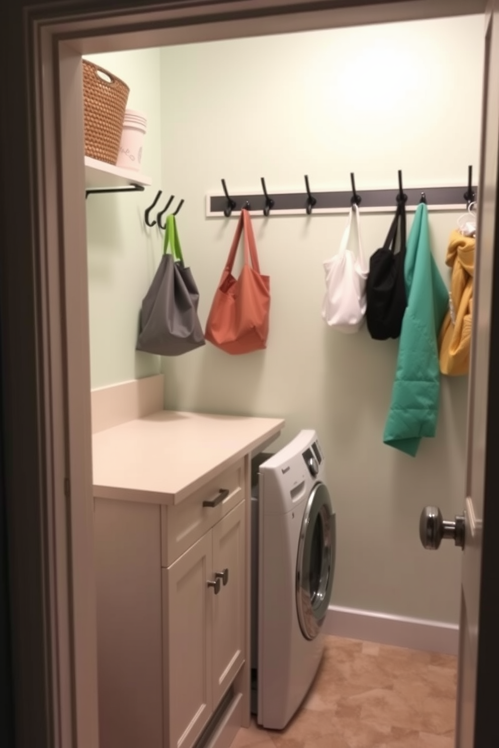 A cozy laundry room designed for efficiency and style. The space features a compact countertop for folding clothes and a stylish backsplash in soft pastel colors. On the wall, there are hooks for bags and accessories, providing convenient storage solutions. The floor is tiled with a durable, easy-to-clean material that complements the overall aesthetic.