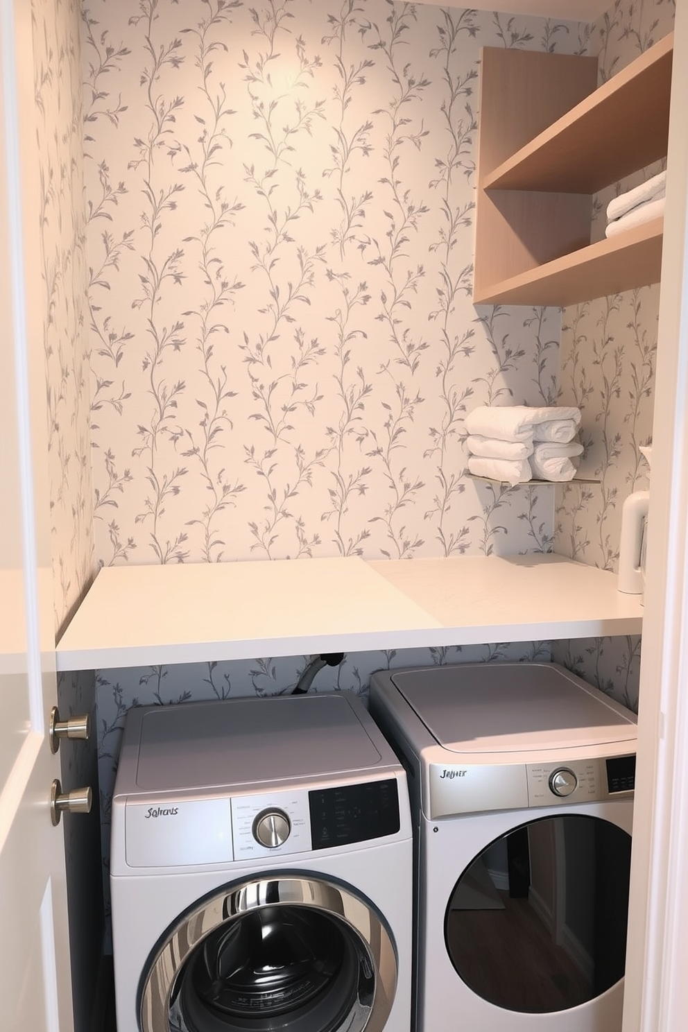 A small laundry room featuring removable wallpaper with a subtle floral pattern in soft pastels. The space includes a compact washer and dryer stacked with a sleek white countertop above for folding clothes, complemented by open shelving for storage.