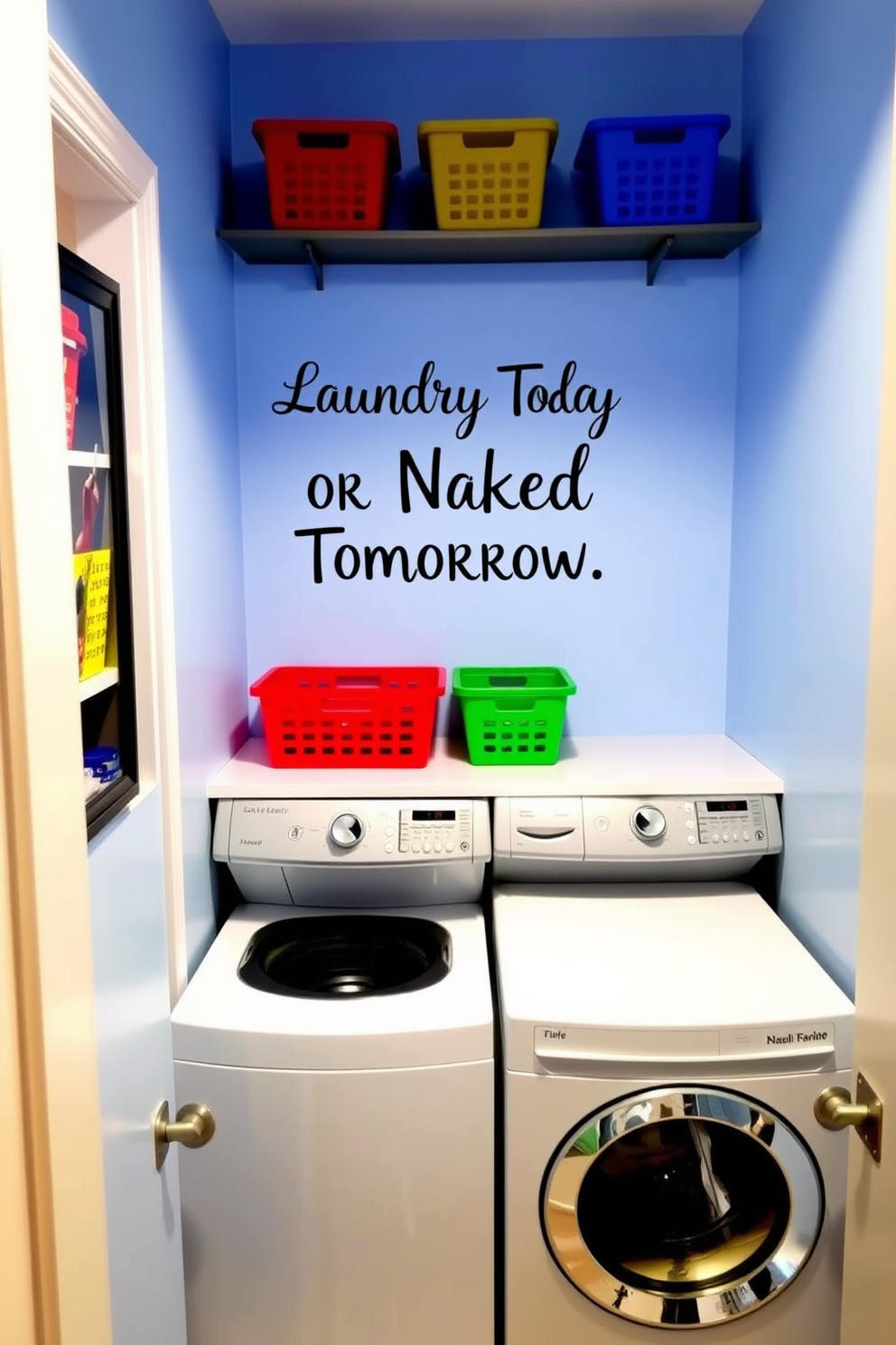 A cheerful small laundry room featuring a fun wall decal that says 