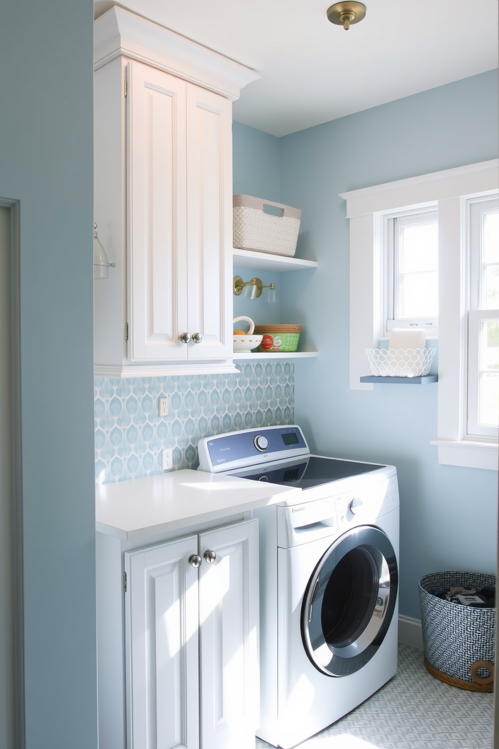 A small laundry room features a compact folding table against one wall for convenience. The space is brightened by white cabinetry and a cheerful light blue paint on the walls, complemented by a stylish patterned backsplash.