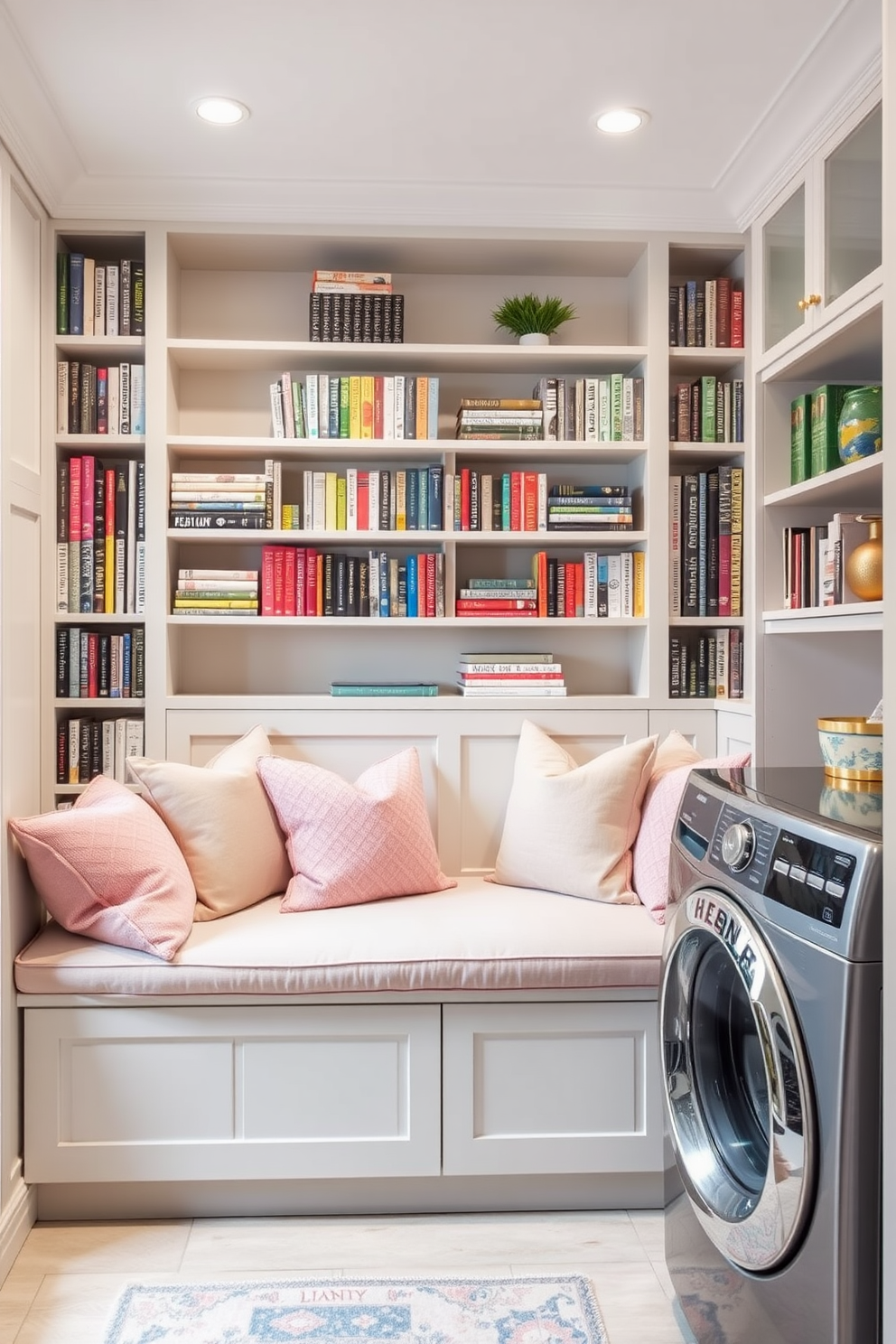 Create a cozy nook with plush cushions in soft, inviting colors. The nook features a built-in bench surrounded by bookshelves filled with your favorite reads. Design a small laundry room that maximizes space and functionality. Include a stacked washer and dryer, a folding area, and stylish storage solutions to keep the space organized.