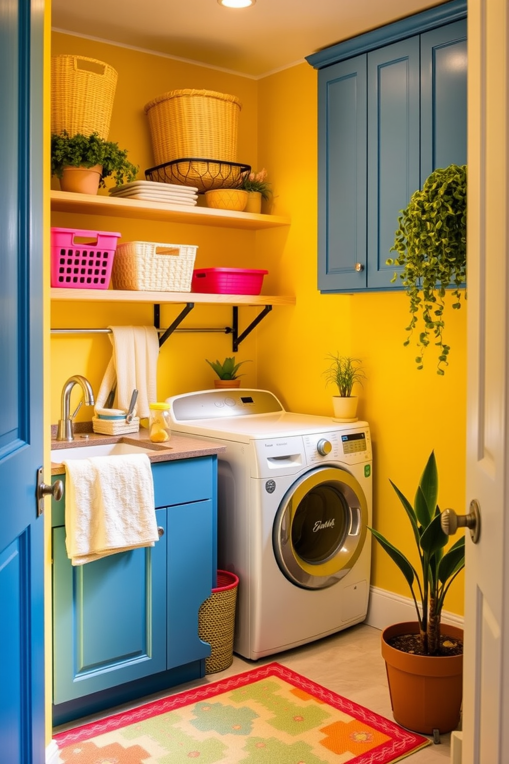 A small laundry room filled with bright colors that enhance the sense of space. The walls are painted in a cheerful yellow, and the cabinetry features a vibrant blue finish for a playful contrast. A compact washer and dryer are neatly tucked into a corner, surrounded by open shelving displaying colorful storage baskets. A bright area rug adds warmth underfoot, while potted plants bring a touch of nature into the room.