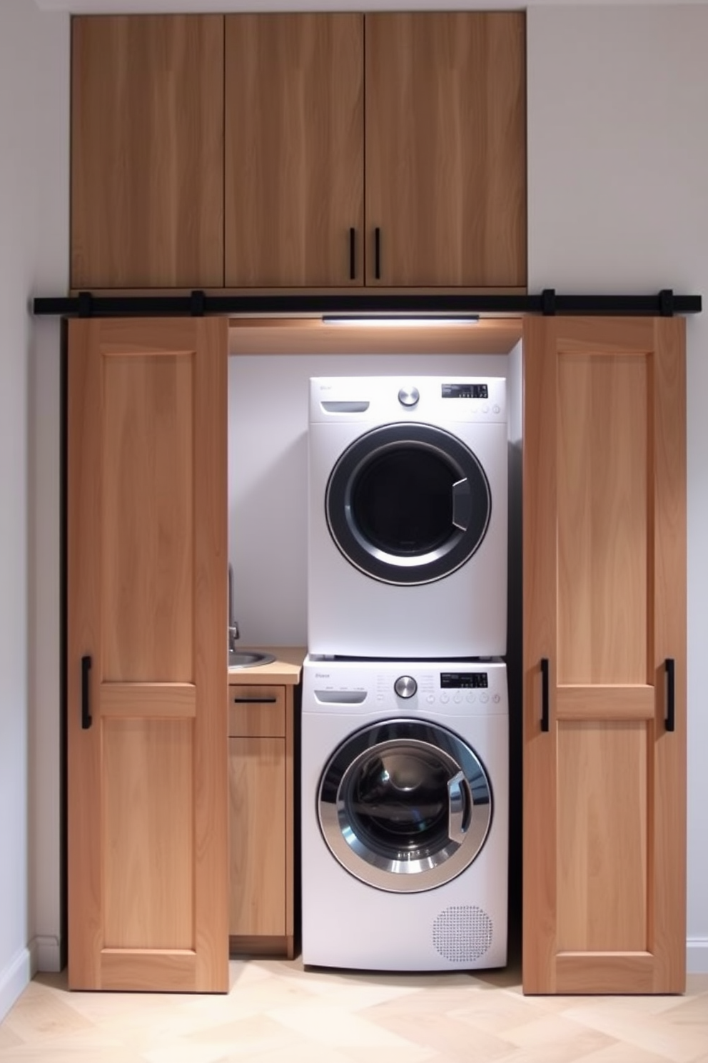 A small laundry room with sliding doors that open to maximize space efficiency. The room features a compact washer and dryer stacked vertically, with a sleek countertop for folding clothes and storage cabinets above.