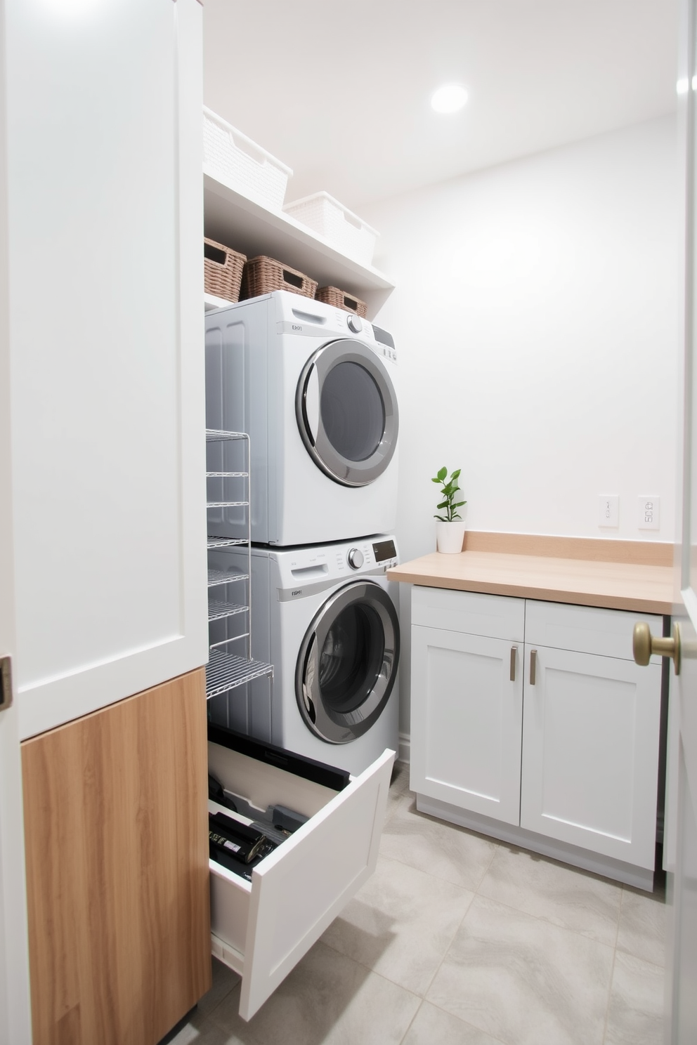 A small laundry room designed for efficiency features a compact layout with a pull-out drying rack integrated into the cabinetry. The walls are painted in a soft white color, and the floor is covered with light gray tiles that are easy to clean. A stacked washer and dryer are positioned next to a folding countertop made of durable laminate. Shelves above the appliances hold neatly organized baskets for laundry supplies, while a small potted plant adds a touch of greenery.