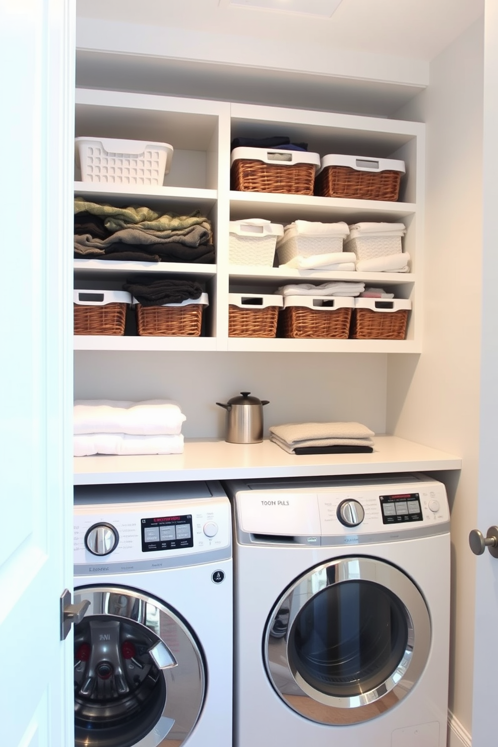 A small laundry room designed for efficiency and organization. The space features built-in shelves lined with neatly arranged baskets for sorted laundry, creating a clean and functional environment. The walls are painted in a soft, light color to enhance brightness. A compact countertop sits above the washer and dryer, providing space for folding clothes and organizing supplies.