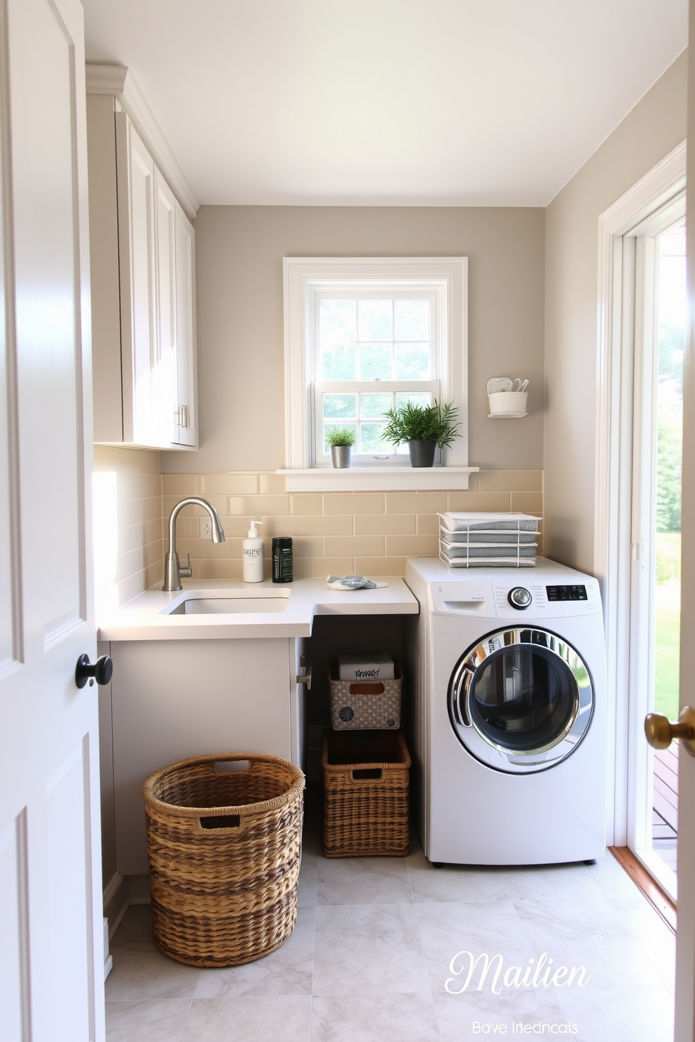 A cozy small laundry room features a utility sink positioned against a wall, providing convenience for washing delicate items and cleaning tools. The space is designed with light-colored cabinetry and a countertop for folding clothes, complemented by a cheerful backsplash that adds a pop of color. Natural light floods the room through a small window above the utility sink, enhancing the inviting atmosphere. The floor is adorned with durable, easy-to-clean tiles, while stylish baskets are neatly arranged for storage, keeping the area organized and functional.