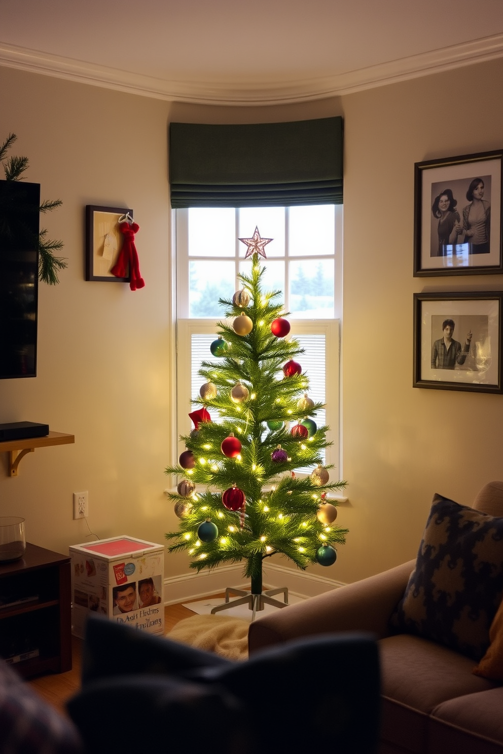 A cozy small living room adorned for Christmas features a charming mini Christmas tree nestled in the corner. The tree is decorated with twinkling fairy lights, colorful ornaments, and a delicate star on top, creating a warm and festive atmosphere.