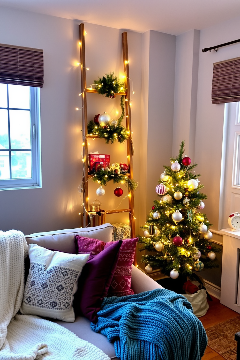 A cozy small living room adorned for Christmas features a stylish ladder used as a decorative display. The ladder is draped with twinkling fairy lights and adorned with festive ornaments, creating a warm and inviting atmosphere. A plush sofa sits nearby, complemented by a collection of colorful throw pillows and a soft knitted blanket. A small, elegantly decorated Christmas tree stands in the corner, adding a touch of holiday cheer to the space.