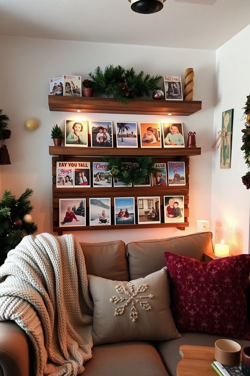 A cozy small living room adorned with vintage holiday postcards displayed on rustic wooden shelves. The space is filled with warm lighting, a plush sofa draped with a knitted throw, and festive decorations that evoke a nostalgic holiday spirit.