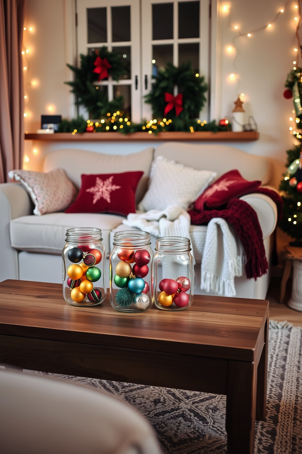 A cozy small living room adorned for Christmas with mason jars filled with colorful ornaments placed on a wooden coffee table. A plush sofa is draped with a soft throw blanket, and twinkling fairy lights are strung along the walls, creating a warm and inviting atmosphere.