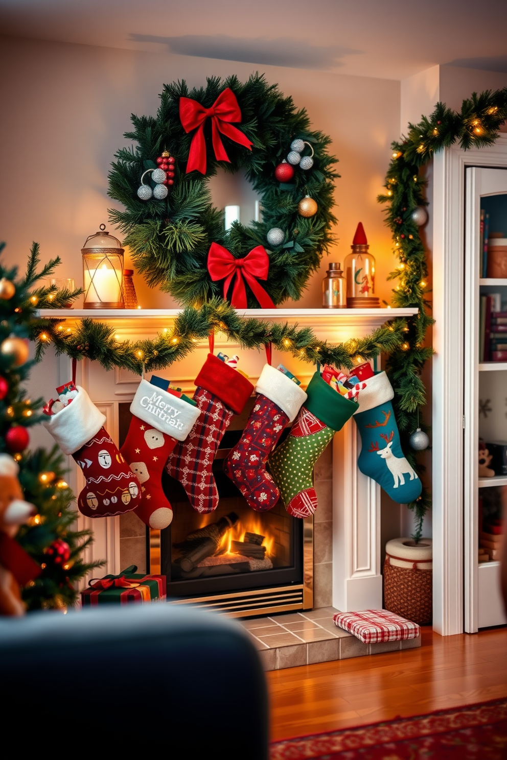 A cozy small living room adorned for Christmas. Colorful stockings are hung by the fireplace, each uniquely designed and filled with festive treats.