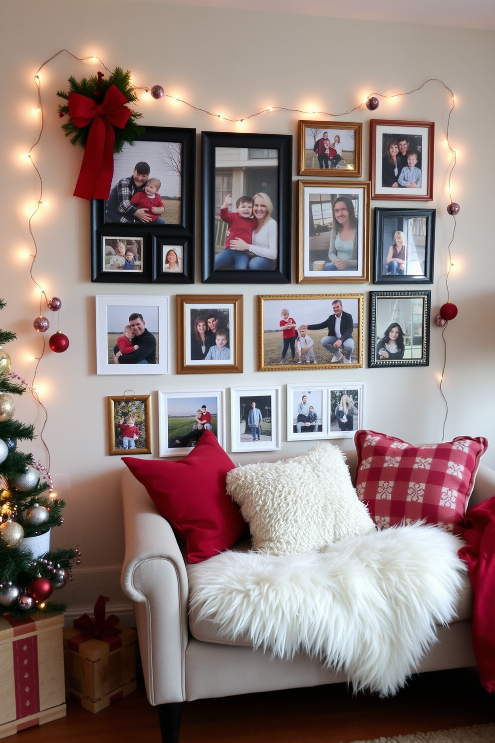 Create a cozy holiday photo wall collage in a small living room. Use a mix of framed family photos and festive decorations to capture the spirit of the season. Incorporate elements like string lights and holiday-themed ornaments to enhance the collage. Arrange the photos in a playful yet organized manner, ensuring a warm and inviting atmosphere.