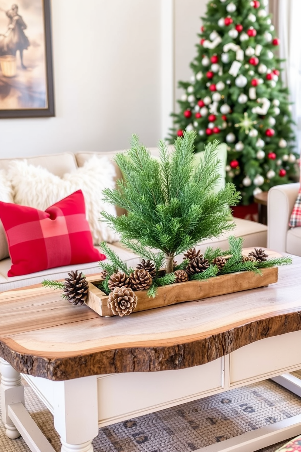 A cozy small living room decorated for Christmas features a rustic wooden coffee table adorned with pinecones and fresh greenery as elegant centerpieces. Plush throw pillows in festive colors are arranged on a soft couch, creating a warm and inviting atmosphere.