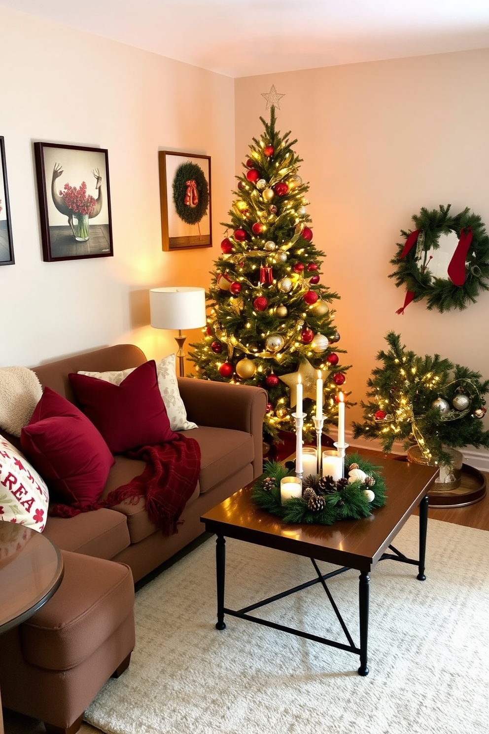 A cozy small living room adorned with seasonal artwork on the walls. The space features a plush sofa draped with a festive throw blanket and accented by decorative pillows in holiday colors. A beautifully decorated Christmas tree stands in the corner, twinkling with warm white lights and colorful ornaments. A coffee table in the center displays a festive centerpiece with candles and pinecones, creating a warm and inviting atmosphere.