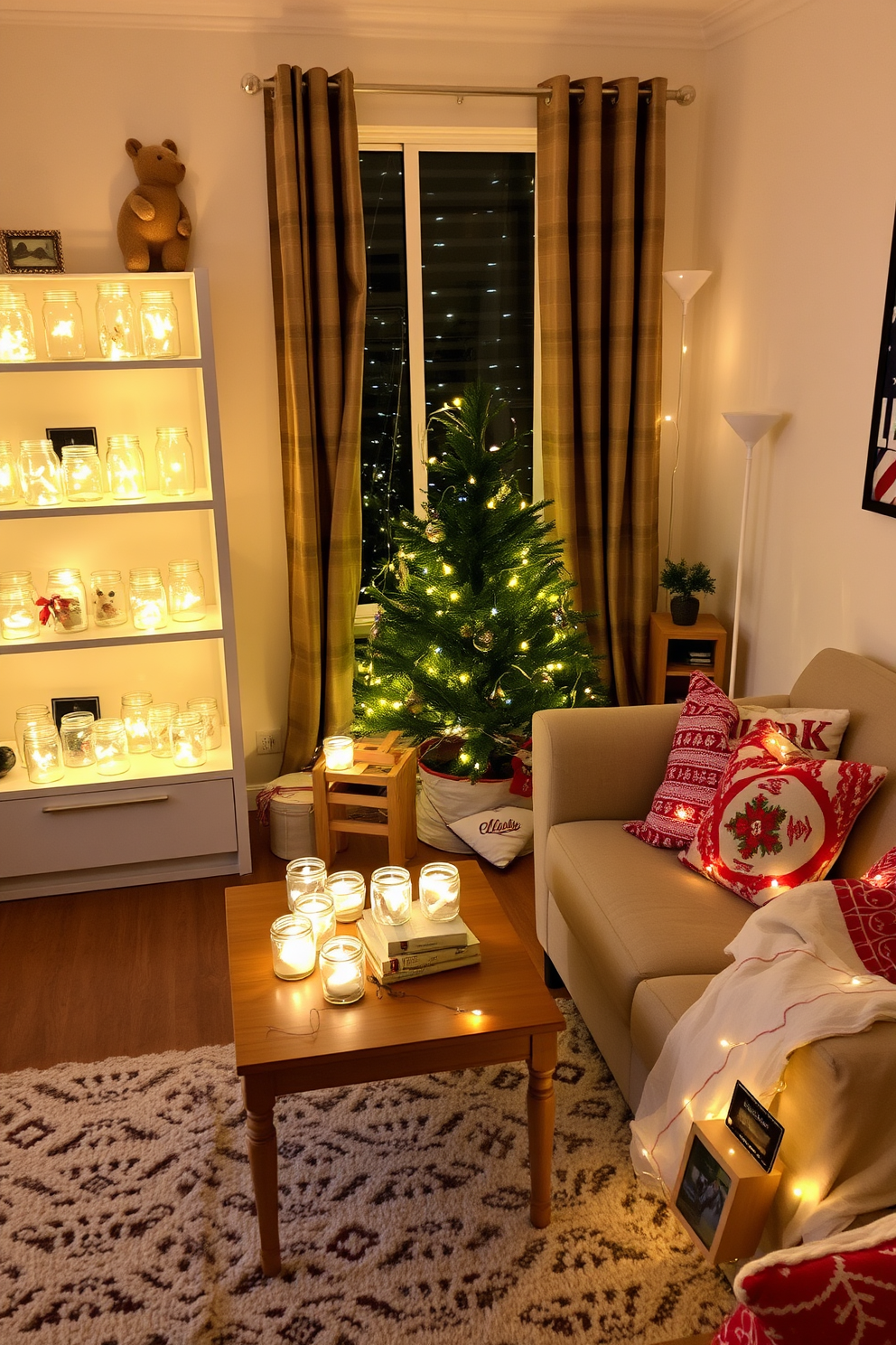 A cozy small living room adorned with twinkling fairy lights nestled in glass jars scattered across shelves and tables. The warm glow of the lights creates an inviting atmosphere, complemented by festive decorations like a small Christmas tree and seasonal throw pillows.