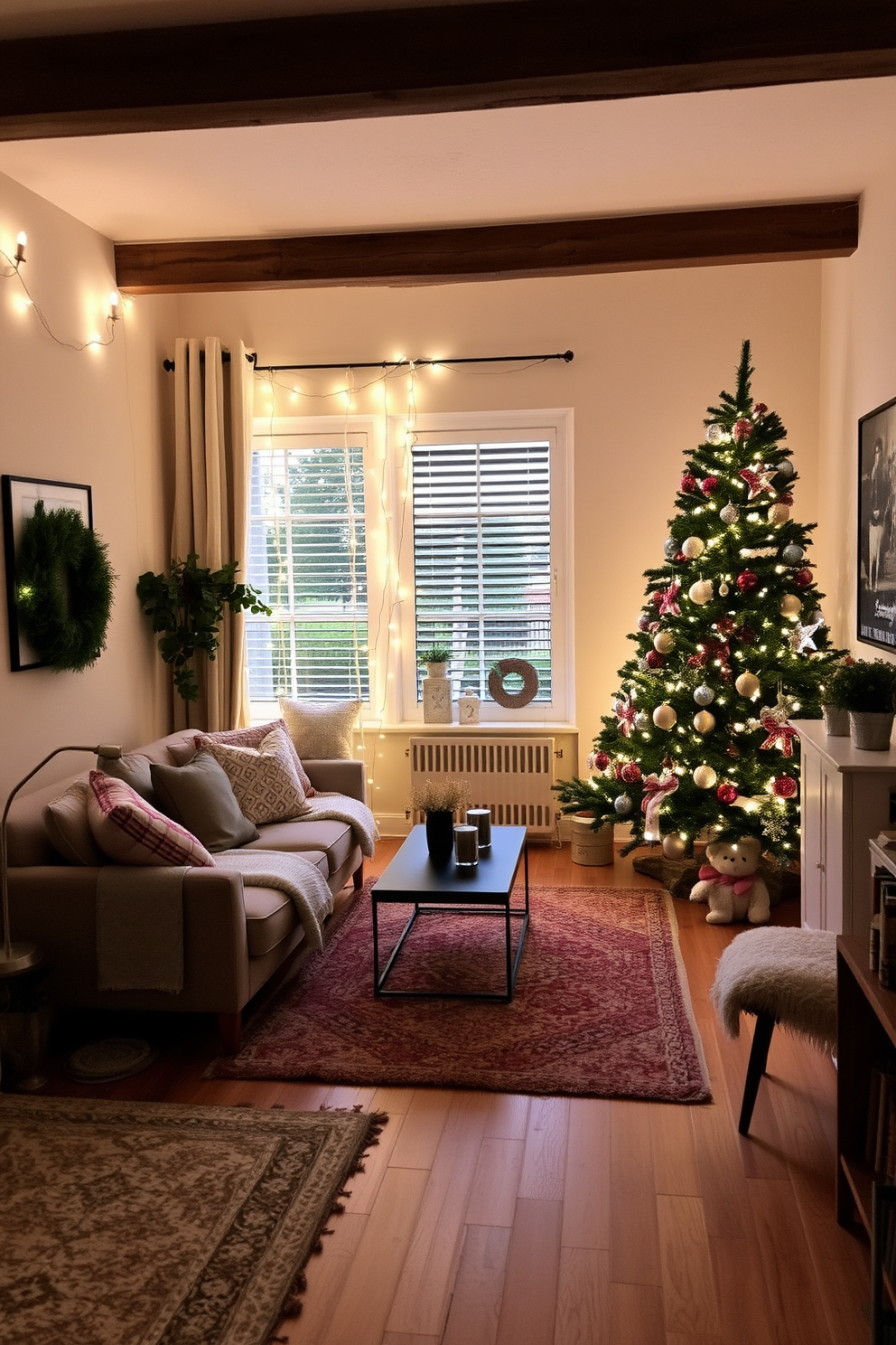 Layered rugs in a small living room provide a cozy and inviting atmosphere. The combination of textures and patterns adds depth, making the space feel more dynamic and comfortable. For Christmas decorating, the small living room is adorned with twinkling fairy lights and festive ornaments. A beautifully decorated tree stands in the corner, complemented by carefully arranged holiday-themed accents throughout the room.