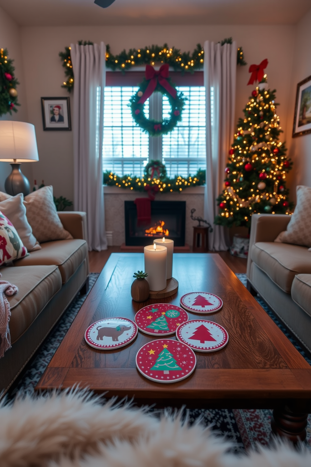 A cozy small living room adorned for the holidays. A set of festive coasters featuring Christmas designs rests on a wooden coffee table surrounded by plush seating.