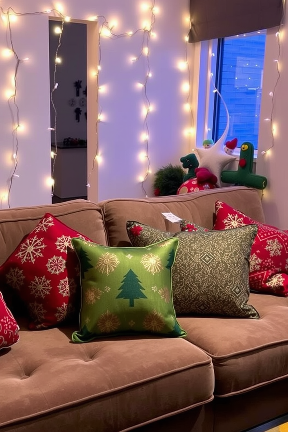 Festive throw pillows are arranged on a plush couch, featuring a mix of red, green, and gold patterns that evoke holiday cheer. The small living room is adorned with twinkling fairy lights draped along the walls, creating a warm and inviting atmosphere for Christmas celebrations.