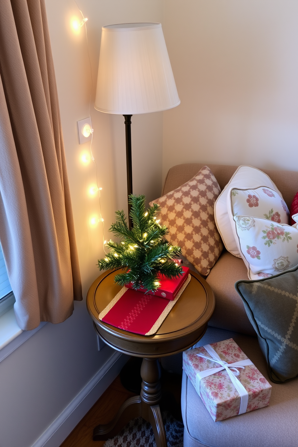 A cozy small living room adorned for Christmas features a charming side table beside a plush sofa. The table is decorated with a festive red and gold table runner, a small evergreen arrangement, and twinkling fairy lights. On the sofa, a collection of patterned throw pillows in seasonal colors adds warmth and comfort. A beautifully wrapped gift sits on the side table, enhancing the holiday spirit in the inviting space.