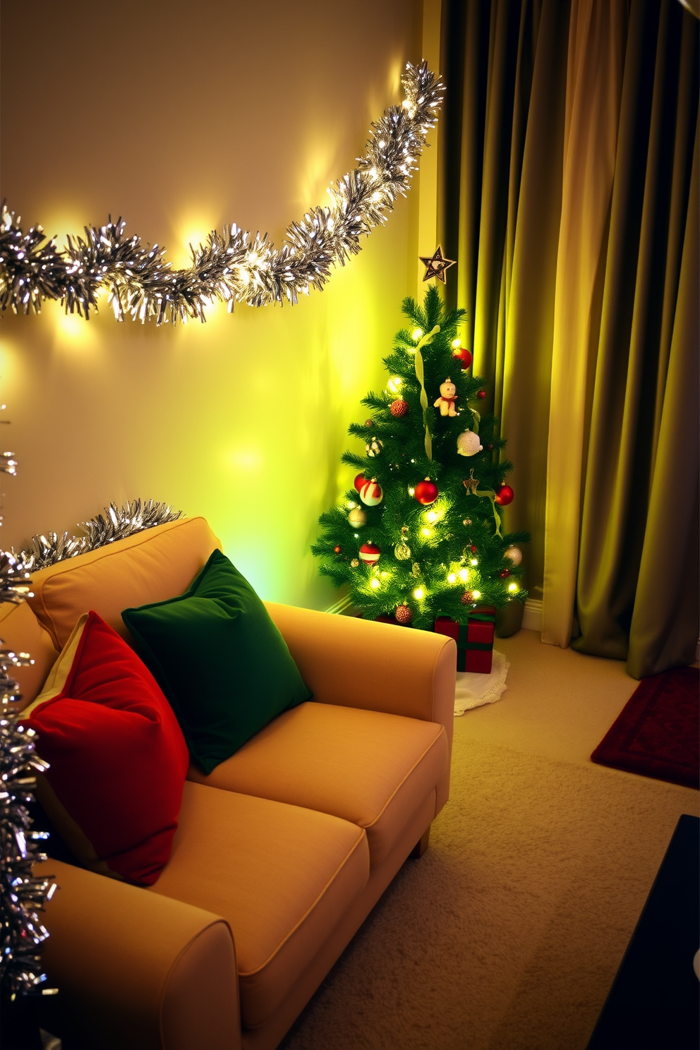 A cozy small living room adorned for Christmas. Tinsel drapes elegantly around the edges of the furniture, adding a festive sparkle to the space. A plush sofa is accented with festive throw pillows in red and green. A small Christmas tree stands in the corner, decorated with twinkling lights and colorful ornaments.