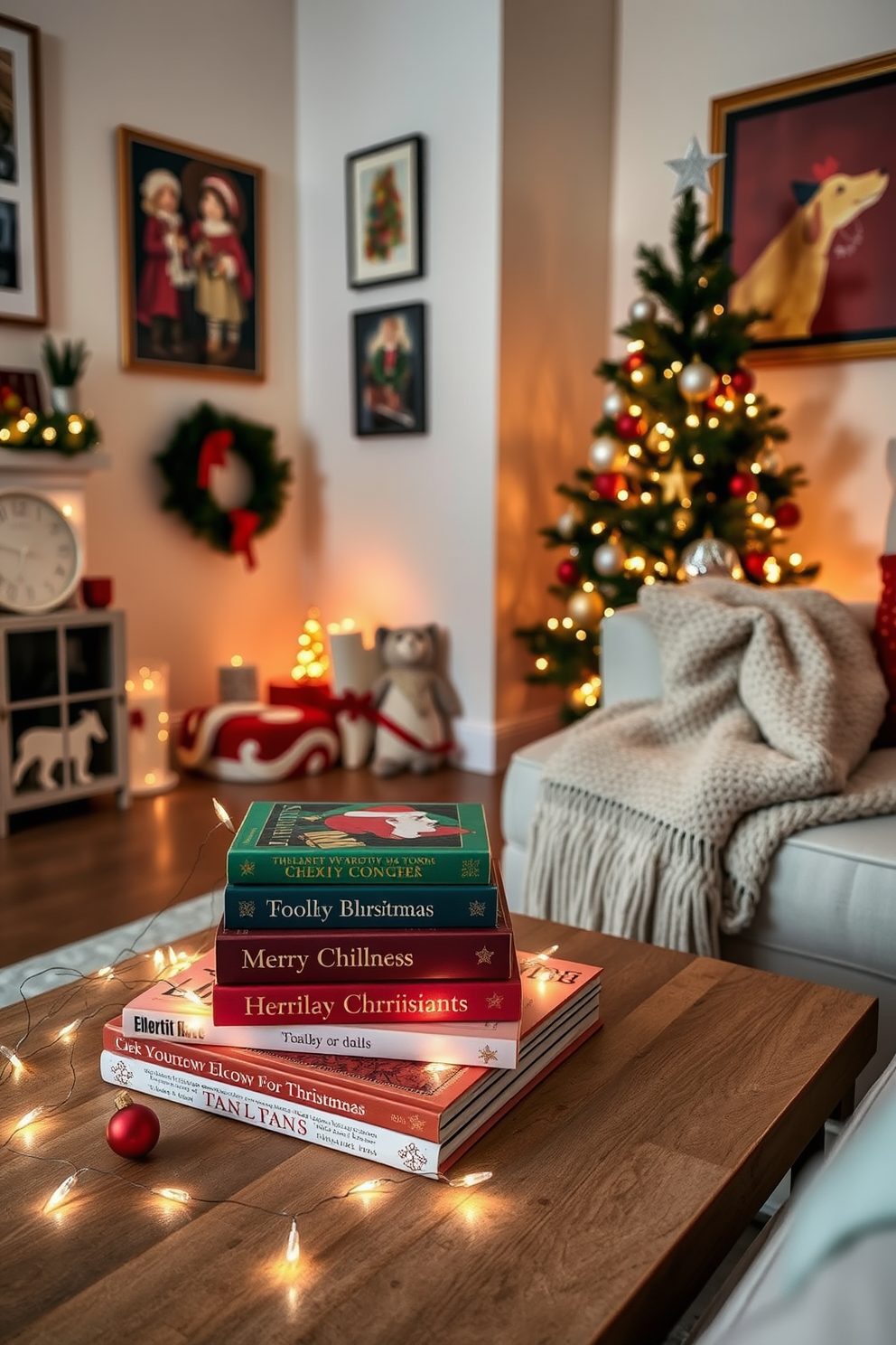 A cozy small living room adorned for Christmas. A stylish coffee table features a stack of festive books with colorful covers, surrounded by twinkling fairy lights and a few decorative ornaments. The walls are decorated with holiday-themed artwork, and a plush throw blanket is draped over the arm of a comfortable sofa. A small Christmas tree sits in the corner, adorned with delicate ornaments and a star on top, creating a warm and inviting atmosphere.