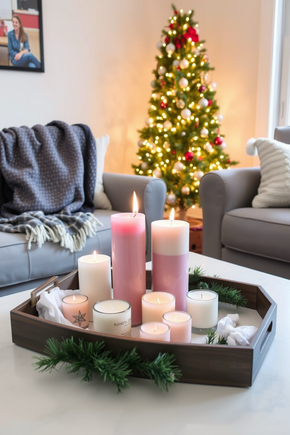 Create a cozy small living room setting for Christmas. A decorative tray is placed on the coffee table, featuring an assortment of candles in varying heights and festive colors. Soft, warm lighting illuminates the room, enhancing the holiday spirit. Plush throw blankets are draped over the sofa, and a beautifully adorned Christmas tree stands in the corner, completing the festive atmosphere.