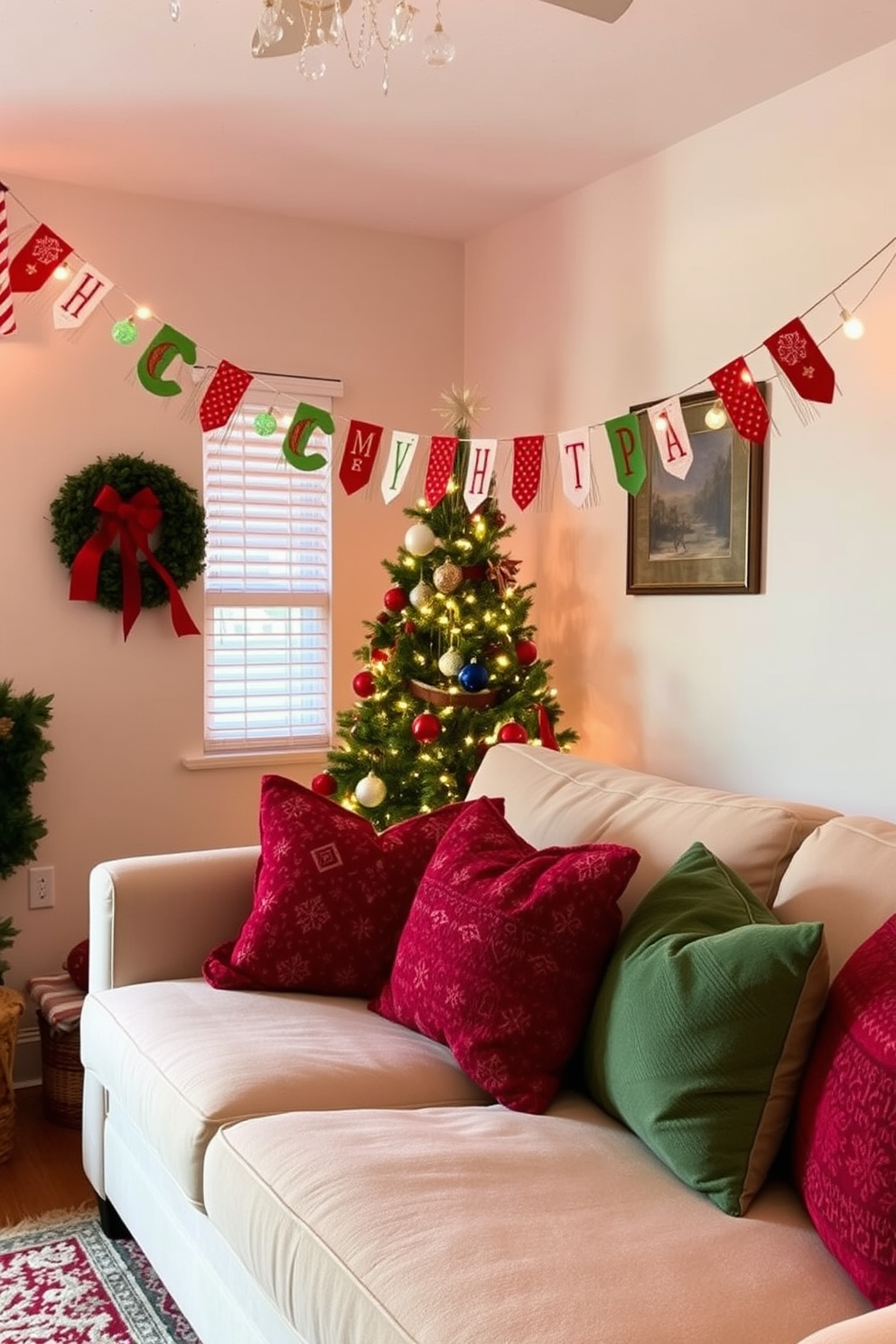 A cozy small living room adorned for Christmas. A festive banner stretches across the room, featuring cheerful holiday colors and patterns. The space is filled with a beautifully decorated tree in the corner, twinkling lights illuminating the ornaments. Plush throw pillows in seasonal hues are scattered across a comfortable sofa, inviting warmth and holiday spirit.