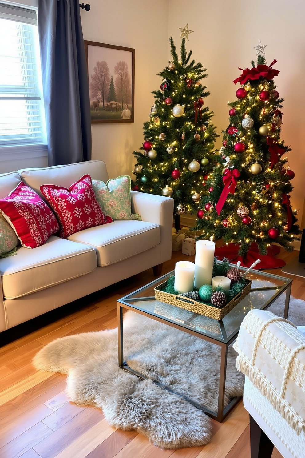 A cozy small living room adorned for Christmas. A small faux fur rug lies in front of a plush sofa decorated with festive throw pillows in red and green hues. A beautifully lit Christmas tree stands in the corner, adorned with twinkling lights and colorful ornaments. A coffee table is set with a decorative tray featuring candles and a small holiday centerpiece.