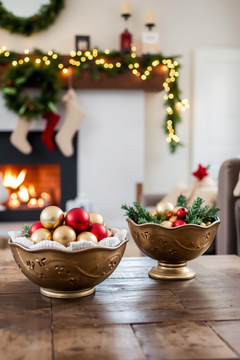 A cozy small living room adorned for Christmas features a stylish arrangement of decorative bowls filled with ornaments. The bowls are placed on a rustic coffee table, complemented by twinkling fairy lights draped across the mantelpiece.