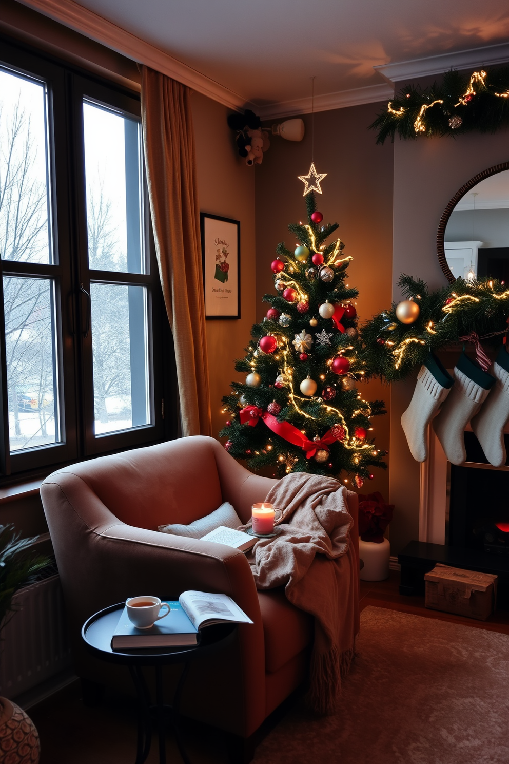 A cozy reading nook with a plush armchair upholstered in soft fabric positioned next to a large window. A small side table holds a steaming cup of tea and a stack of books, while a warm throw blanket drapes over the armchair. Small living room decorated for Christmas featuring a beautifully adorned tree in the corner with twinkling lights and colorful ornaments. A festive garland hangs above the mantel, and stockings are neatly arranged, creating a warm and inviting holiday atmosphere.