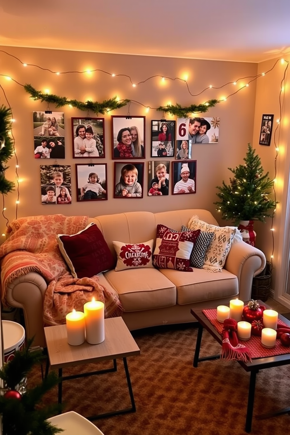 A cozy small living room adorned with string lights displaying photos of cherished holiday memories. The space features a plush sofa draped with festive throws and a small coffee table decorated with candles and seasonal ornaments.