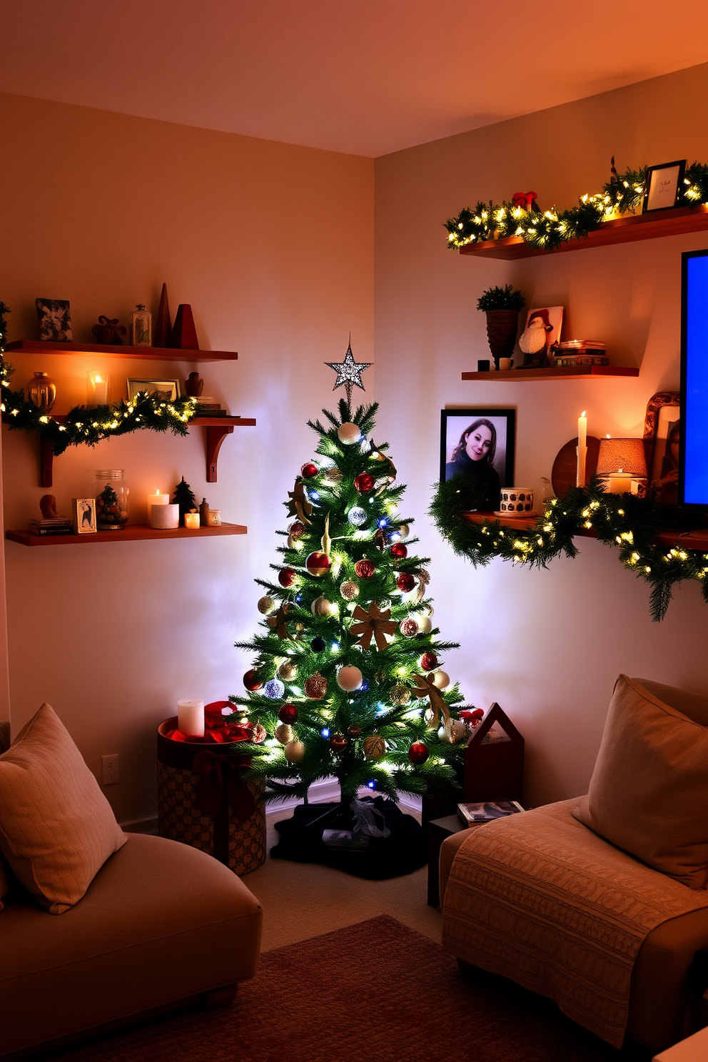 A cozy small living room adorned for Christmas features a beautifully decorated tree in the corner, twinkling lights illuminating the space. Floating shelves on the walls are adorned with festive decorations, including candles, ornaments, and garlands, creating a warm and inviting atmosphere.