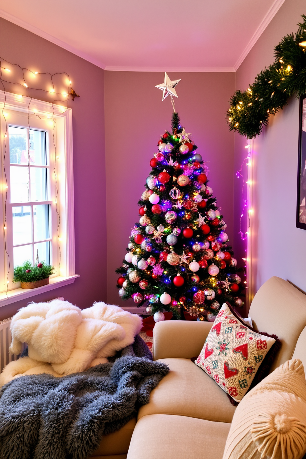 Create a cozy small living room decorated for Christmas. String lights are elegantly draped around the windows, casting a warm glow throughout the space. A beautifully adorned Christmas tree stands in the corner, adorned with colorful ornaments and a star on top. Plush throw blankets and festive cushions are arranged on the sofa, inviting relaxation and holiday cheer.