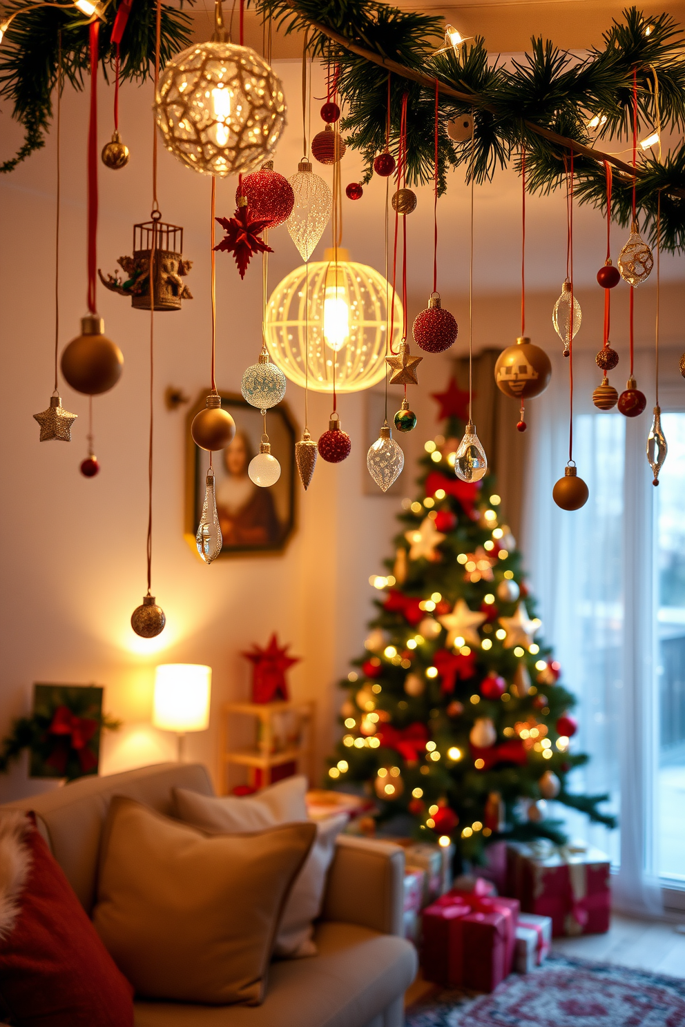 A cozy small living room adorned for Christmas. Delicate hanging ornaments in various shapes and colors dangle from the ceiling, creating a festive atmosphere. The room features a beautifully decorated Christmas tree in the corner, surrounded by wrapped gifts. Soft twinkling lights illuminate the space, enhancing the warm and inviting ambiance.