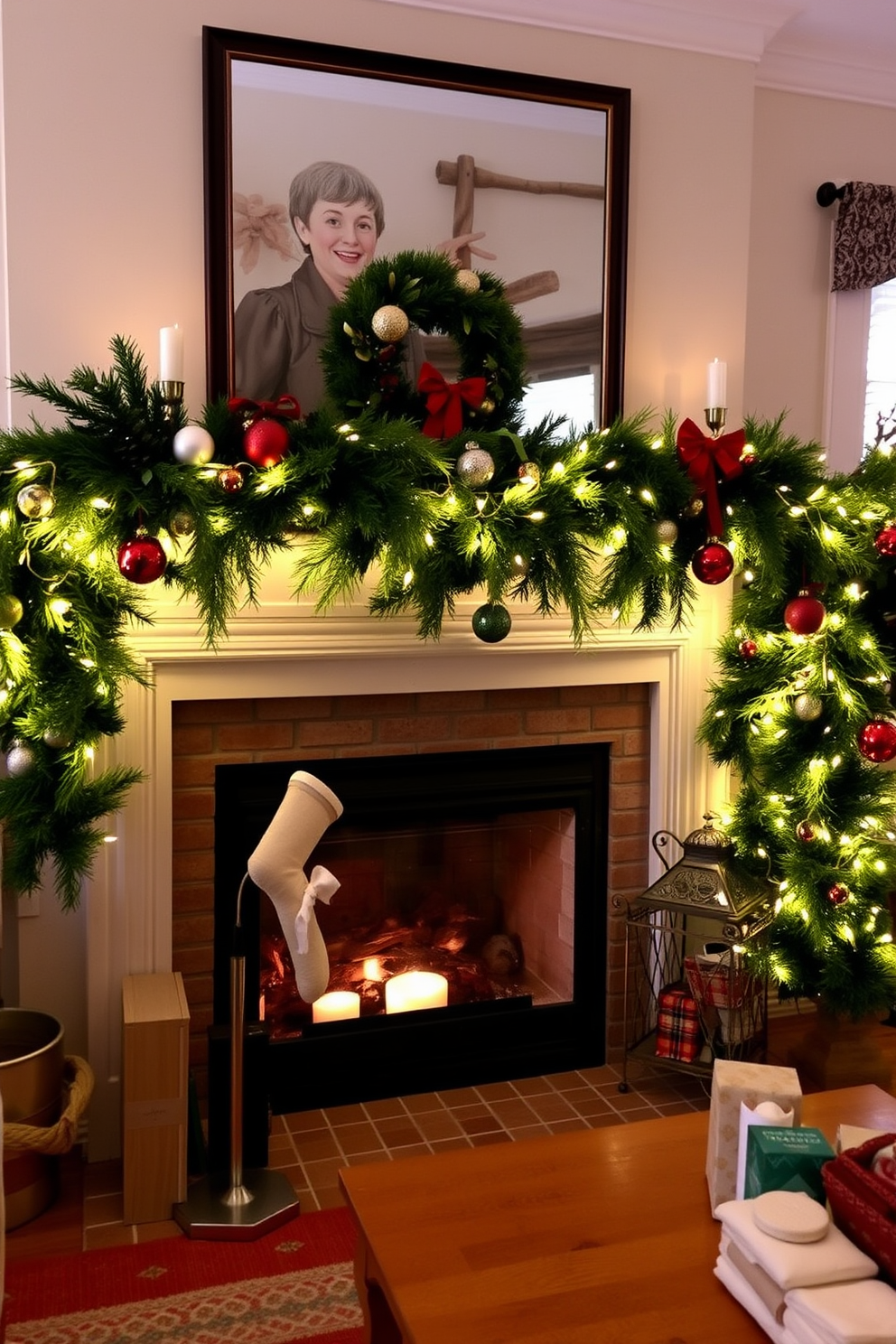 A cozy living room adorned for Christmas features a beautifully draped decorative garland on the mantle. The garland is lush with greenery, accented by twinkling fairy lights and festive ornaments, creating a warm and inviting atmosphere.