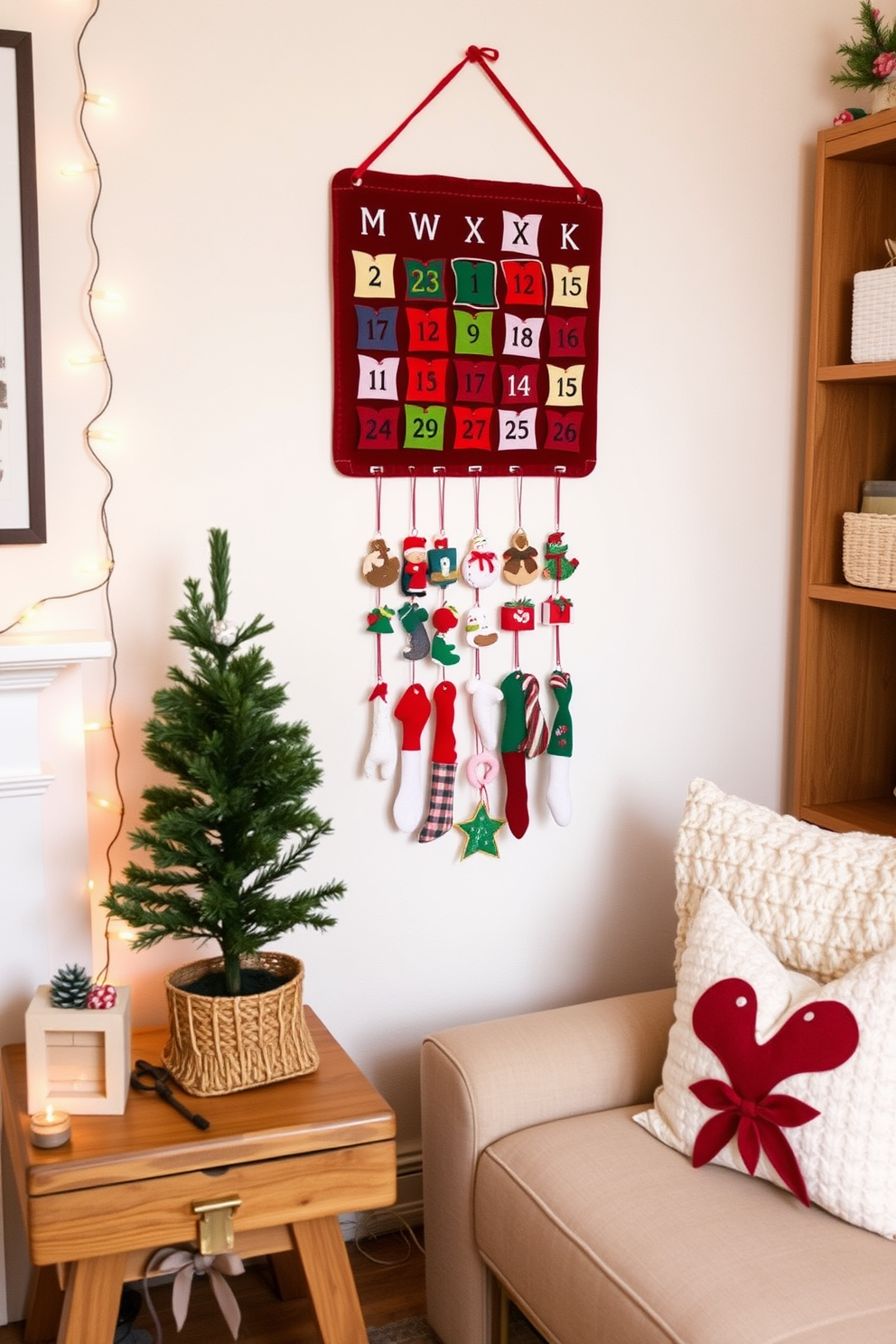 A charming small living room adorned for Christmas features an Advent calendar hanging on the wall, crafted from felt in festive colors. Cozy decorations like string lights and a small evergreen tree complete the holiday ambiance.