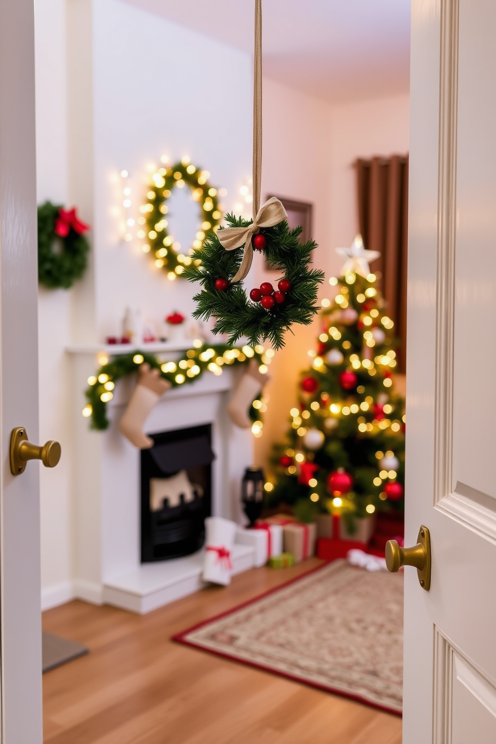 A charming small wreath hangs on the front door, adorned with red berries and a delicate bow. This festive touch welcomes guests into a cozy living room filled with holiday spirit. The small living room is decorated with twinkling fairy lights draped over the mantle, creating a warm and inviting atmosphere. A beautifully decorated Christmas tree stands in the corner, surrounded by neatly wrapped presents.