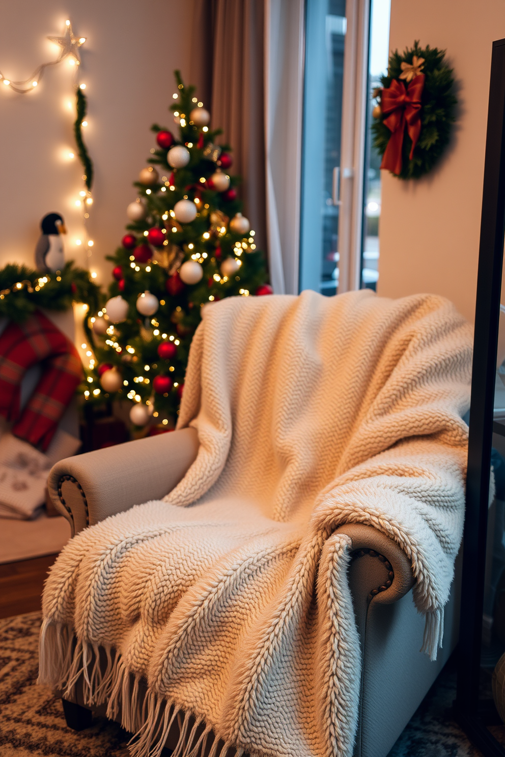 A cozy blanket is draped over a plush armchair in a small living room. The room is adorned with festive Christmas decorations, including twinkling fairy lights and a beautifully decorated tree in the corner.