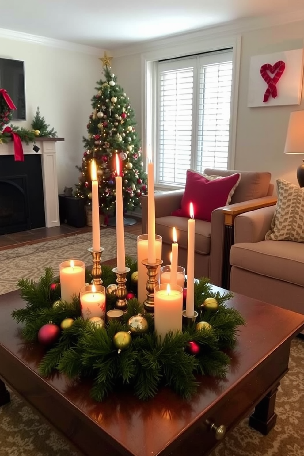 A cozy small living room adorned for Christmas. On the coffee table, an arrangement of elegant candles in varying heights creates a warm glow, surrounded by festive greenery and ornaments.