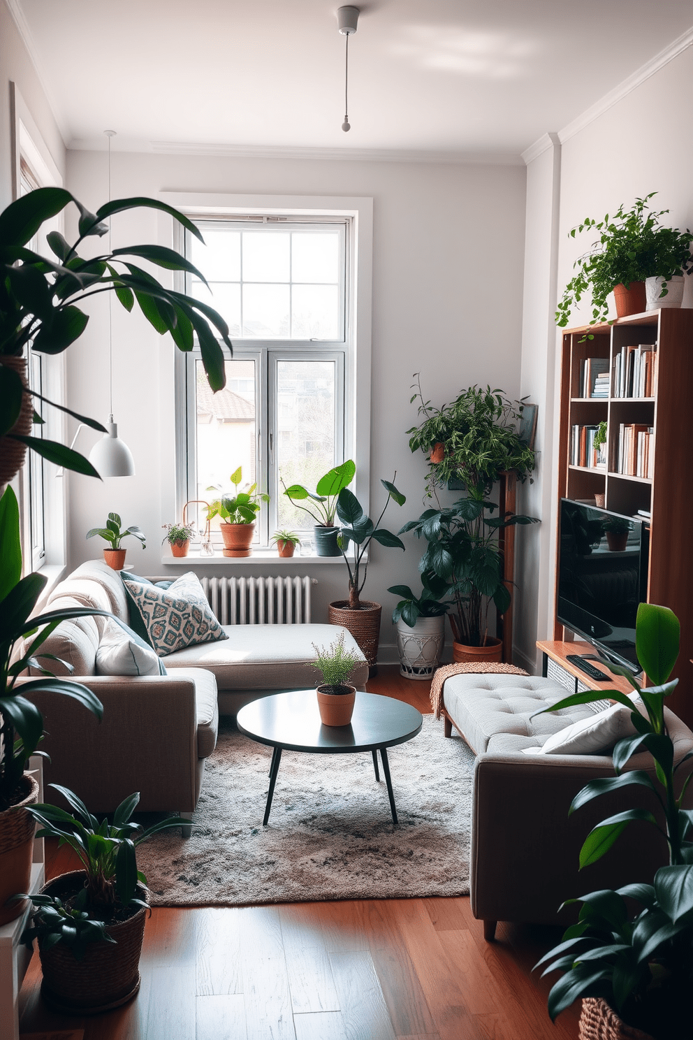 A cozy small living room filled with natural light. There are potted plants in each corner, adding a fresh atmosphere to the space. The seating area features a plush, neutral-colored sofa paired with a stylish coffee table. A soft area rug anchors the seating, and a tall bookshelf filled with greenery and books lines one wall.