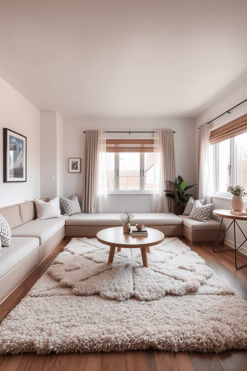 A cozy small living room features built-in seating along one wall, designed with soft cushions and a sleek finish. A round coffee table sits in the center, surrounded by a plush area rug that adds warmth and texture to the space. Natural light floods the room through large windows adorned with light, airy curtains. The walls are painted in a soft neutral tone, and a few carefully chosen art pieces add personality without overwhelming the compact area.