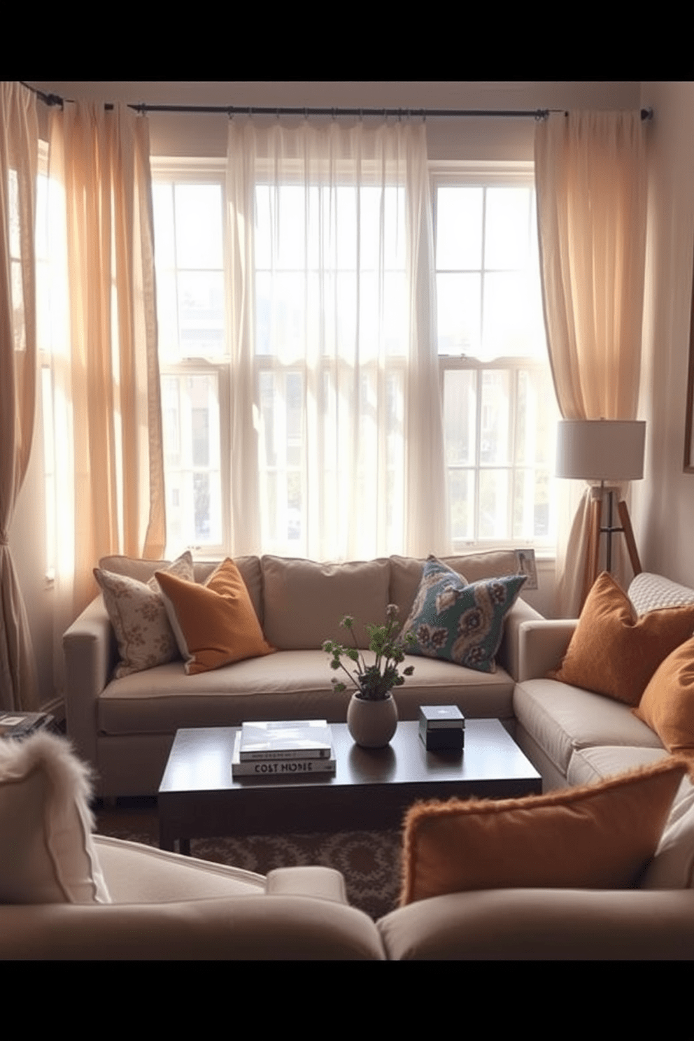 A cozy small living room filled with natural light. Soft curtains frame the windows, adding warmth and texture to the room. A plush sofa in a neutral tone is paired with vibrant throw pillows. A stylish coffee table sits in the center, surrounded by a few decorative books and a small plant.