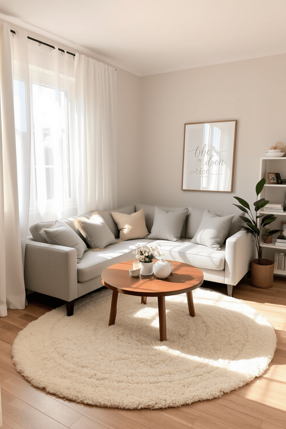 A serene small living room featuring a neutral color palette with soft beige walls and a light gray sofa. A round wooden coffee table sits in the center, complemented by a plush cream area rug and decorative pillows in muted tones. Natural light filters through sheer white curtains, enhancing the airy feel of the space. A minimalist bookshelf, filled with curated decor and books, lines one wall, while a potted plant adds a touch of greenery in the corner.