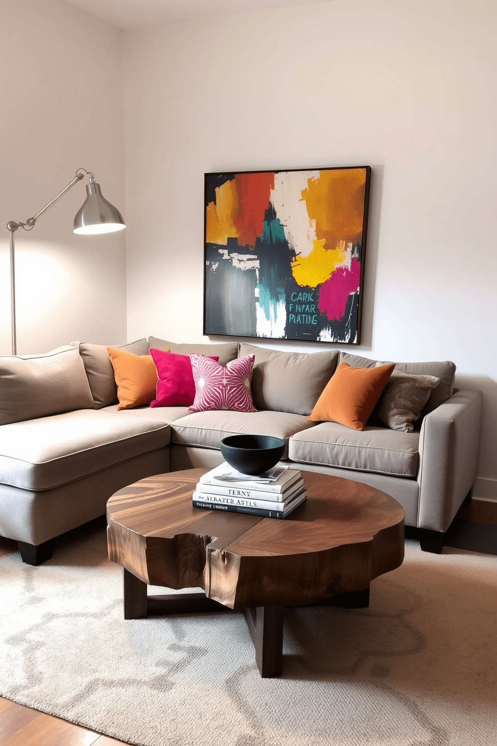 A cozy small living room features a plush sectional sofa in a warm gray tone, accented with vibrant throw pillows. A round coffee table made of reclaimed wood sits in the center, topped with a stylish stack of books and a decorative bowl. A statement piece, such as a large abstract painting, hangs on the wall behind the sofa, adding a burst of color and personality to the space. The room is illuminated by a modern floor lamp with a sleek design, creating a warm and inviting atmosphere.