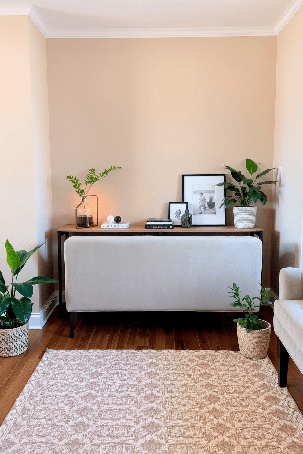 A cozy small living room features a stylish console table positioned behind a plush sofa. The table is adorned with decorative objects, a small lamp, and a few books, creating an inviting focal point in the space. The walls are painted in a soft beige hue, complementing the warm tones of the furniture. A patterned area rug anchors the seating area, while a few potted plants add a touch of greenery and life to the room.