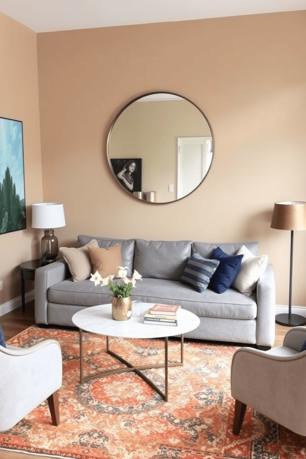 A cozy small living room features a plush sectional sofa in a soft gray fabric. A large round mirror hangs above a sleek coffee table, reflecting light and creating an illusion of space. The walls are painted in a warm beige tone, enhancing the inviting atmosphere. A pair of stylish accent chairs flanks the coffee table, while a vibrant area rug anchors the seating arrangement.