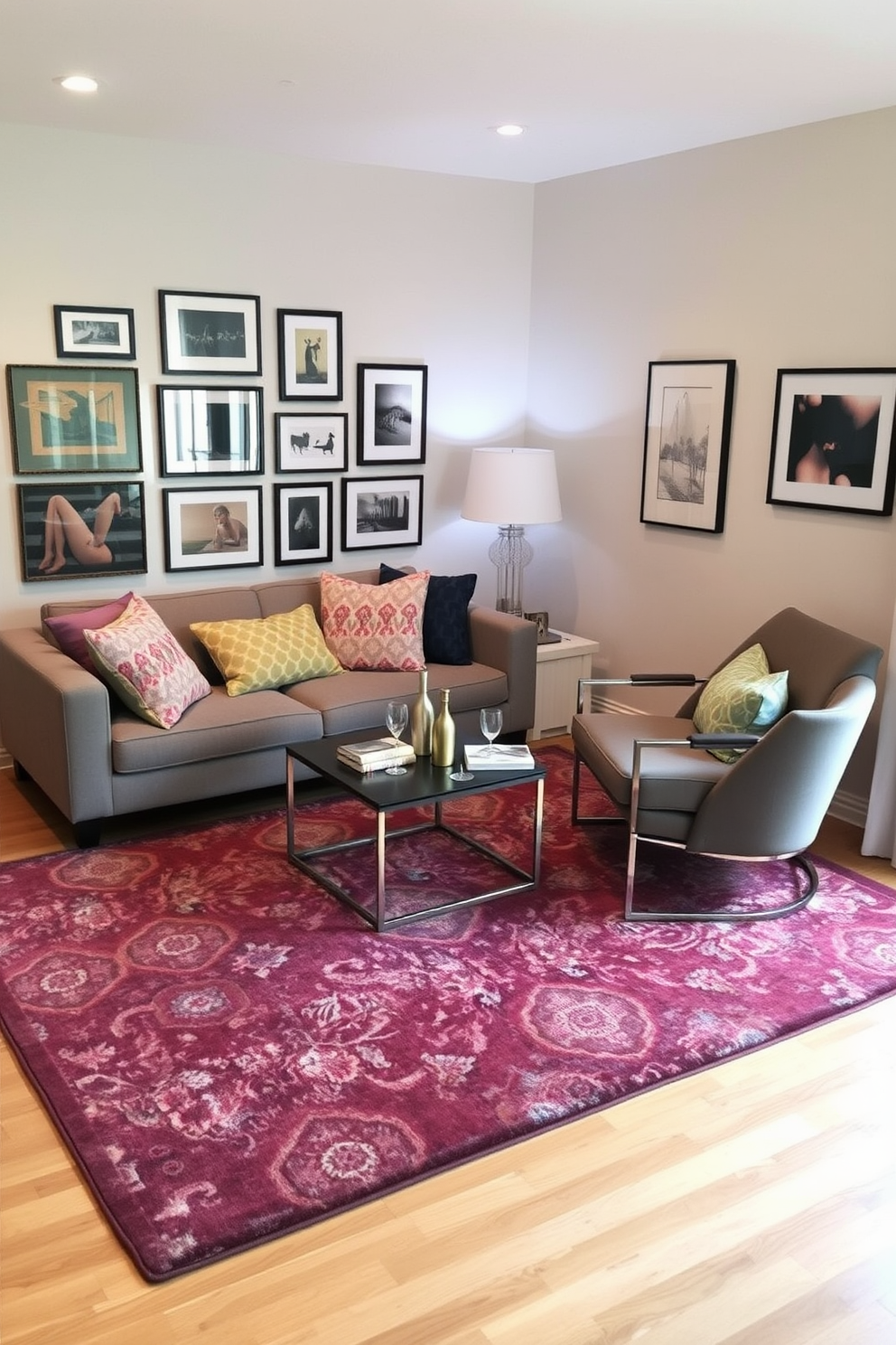 A cozy small living room featuring a large area rug that unifies the space and adds warmth. The rug is layered over hardwood flooring, complementing a comfortable sofa adorned with colorful throw pillows. In the corner, a stylish armchair invites relaxation, paired with a sleek side table for drinks. A gallery wall of framed art enhances the character of the room, while a floor lamp provides soft lighting for evening gatherings.