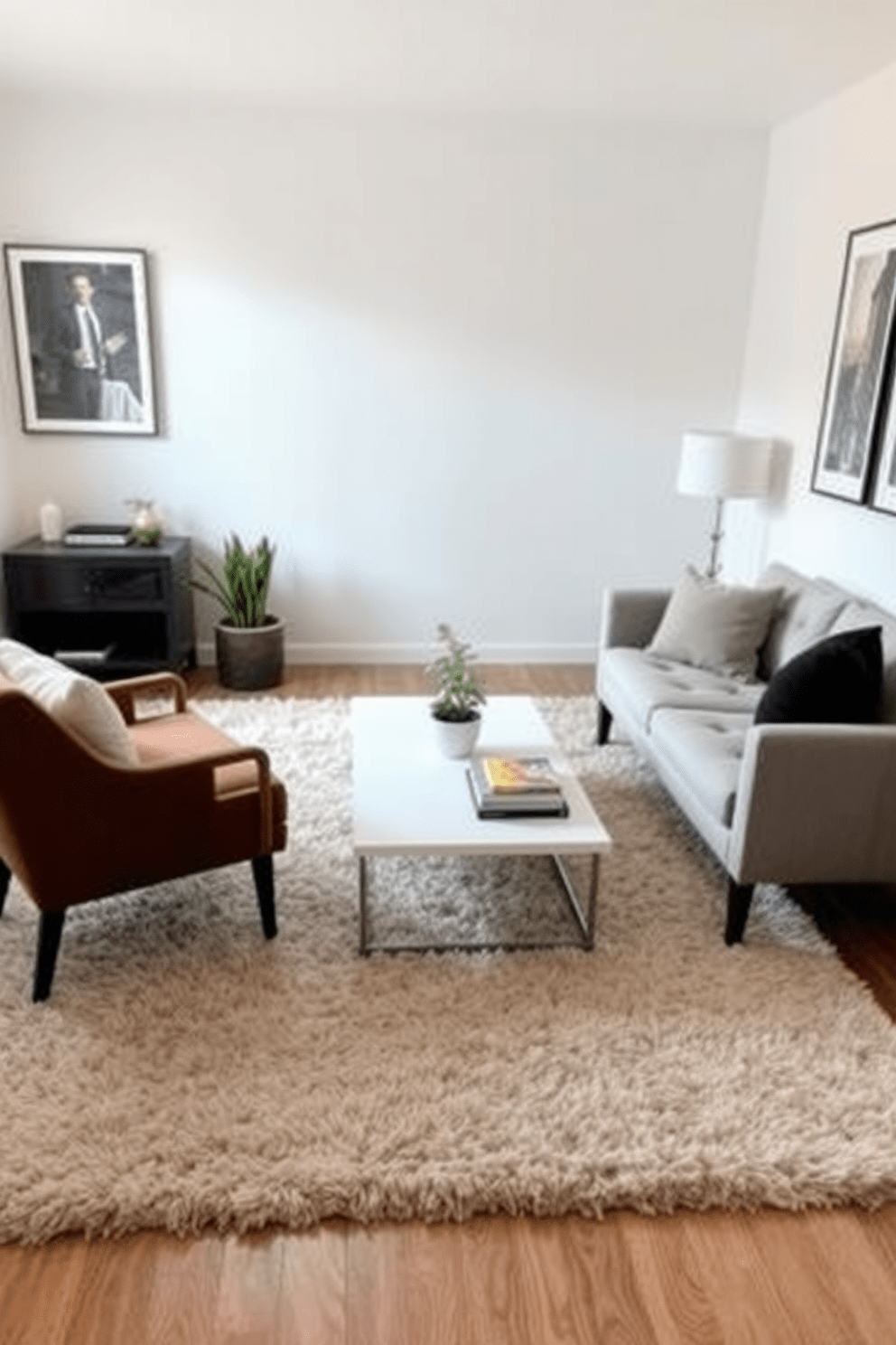 A cozy small living room features a soft area rug that defines the seating zone, creating a warm and inviting atmosphere. A stylish sofa is positioned against the wall, complemented by a pair of accent chairs that face each other to encourage conversation. A sleek coffee table sits at the center, adorned with decorative books and a small plant for a touch of greenery. The walls are painted in a light, airy color, enhancing the sense of space and light in the room.