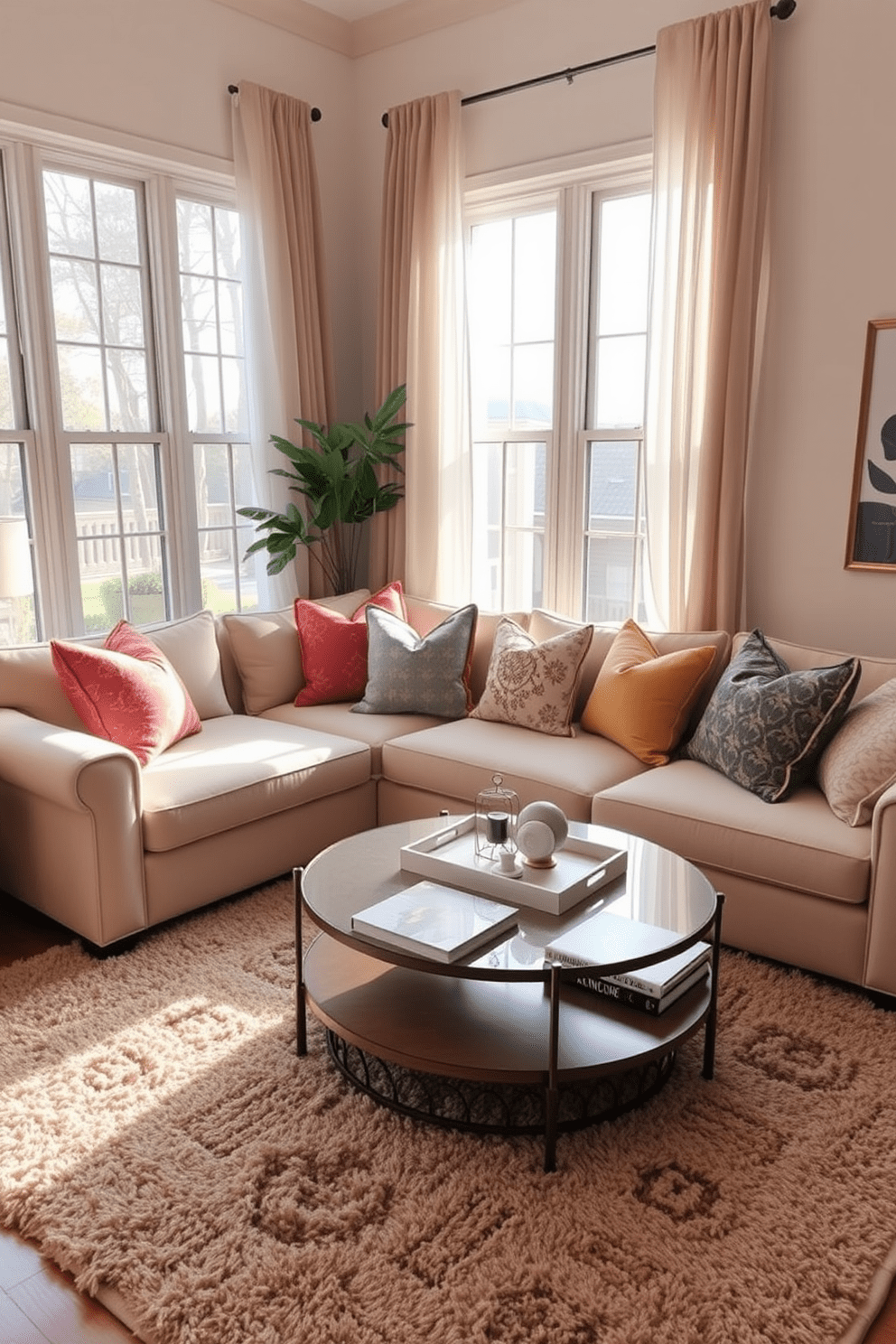 A cozy small living room with a soft sectional sofa adorned with an array of colorful throw pillows for added comfort and style. The walls are painted in a light neutral tone, and a round coffee table sits in the center, topped with a decorative tray and a few art books. A plush area rug anchors the seating area, adding warmth and texture to the space. Large windows allow natural light to flood in, complemented by sheer curtains that gently frame the view outside.