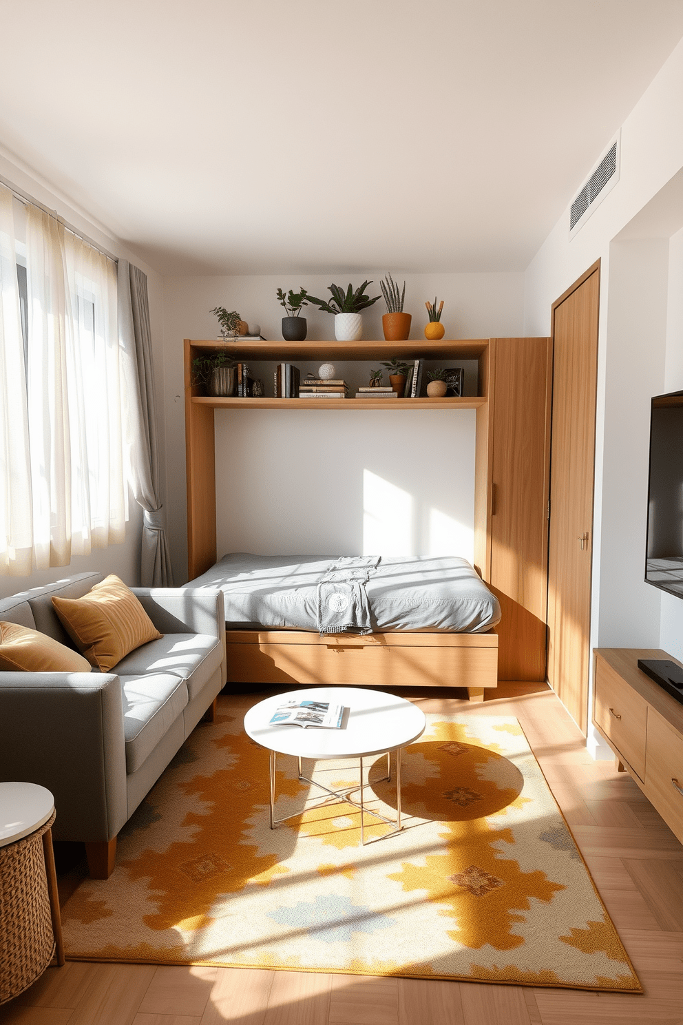 A cozy small living room featuring a foldable wall bed seamlessly integrated into the design. The space is adorned with a soft gray sofa, a round coffee table, and a vibrant area rug that adds warmth to the room. Natural light streams in through sheer curtains, illuminating the walls painted in a light pastel shade. Decorative shelves with plants and books are mounted above the bed, creating a functional yet stylish atmosphere.